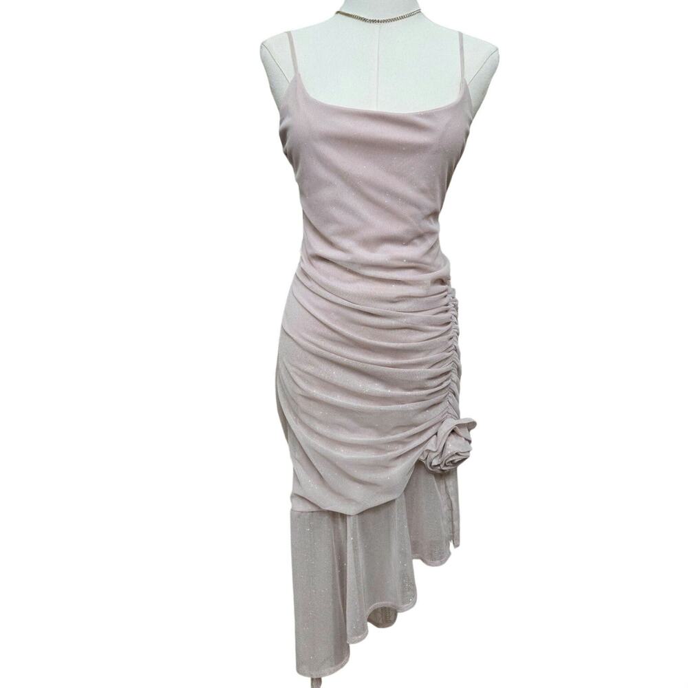 B. Darlin Y2K Fairy Coquette Sparkly Mesh Ruched Rosette Asymmetrical Dress 9/10